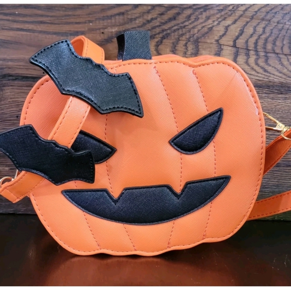 Orange Pumpkin Crossbody Bag with Black Bat Accents